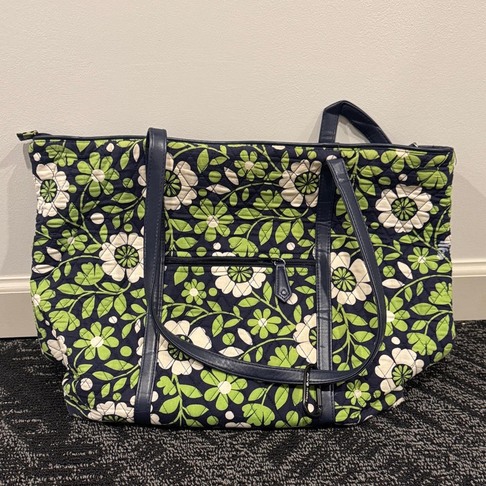 Vera Bradley Navy Quilted Tote with Green & White Floral Print